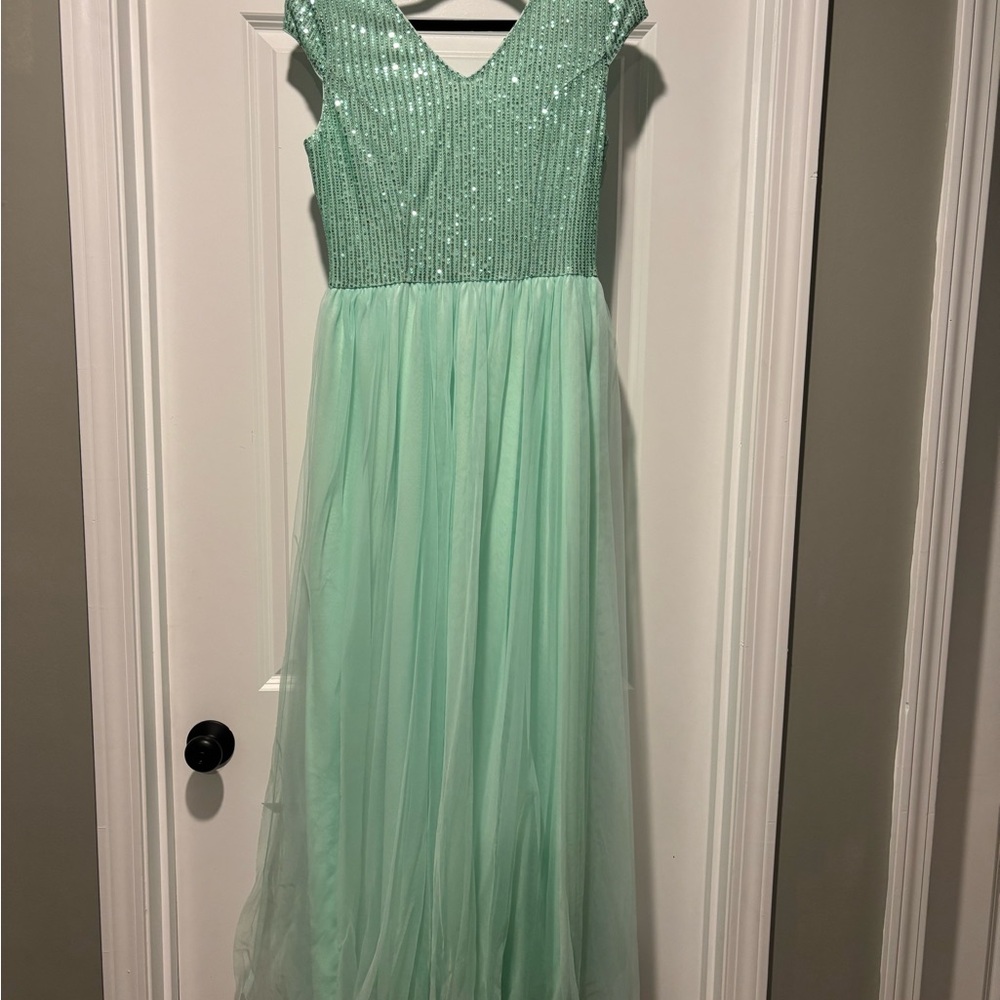 Tulle +  Sparkles Mint Green Pleated Long Dress Gown Medium